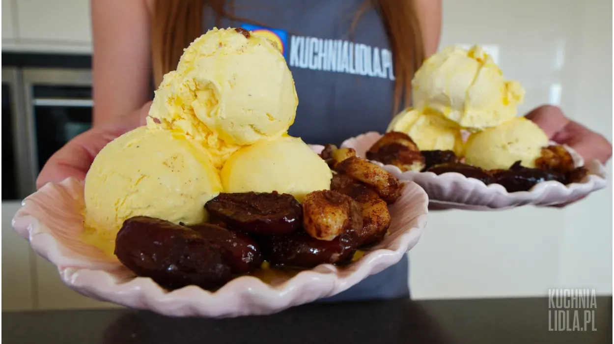 Lody z karmelizowanymi daktylami i bananami
